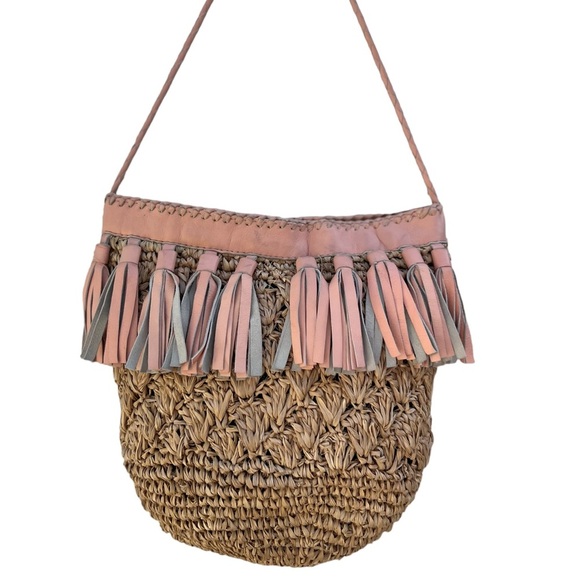 CLEOBELLA RAFIA & LEATHER FRINGE CROSSBODY SHOULDER BAG Pink - Picture 7 of 11